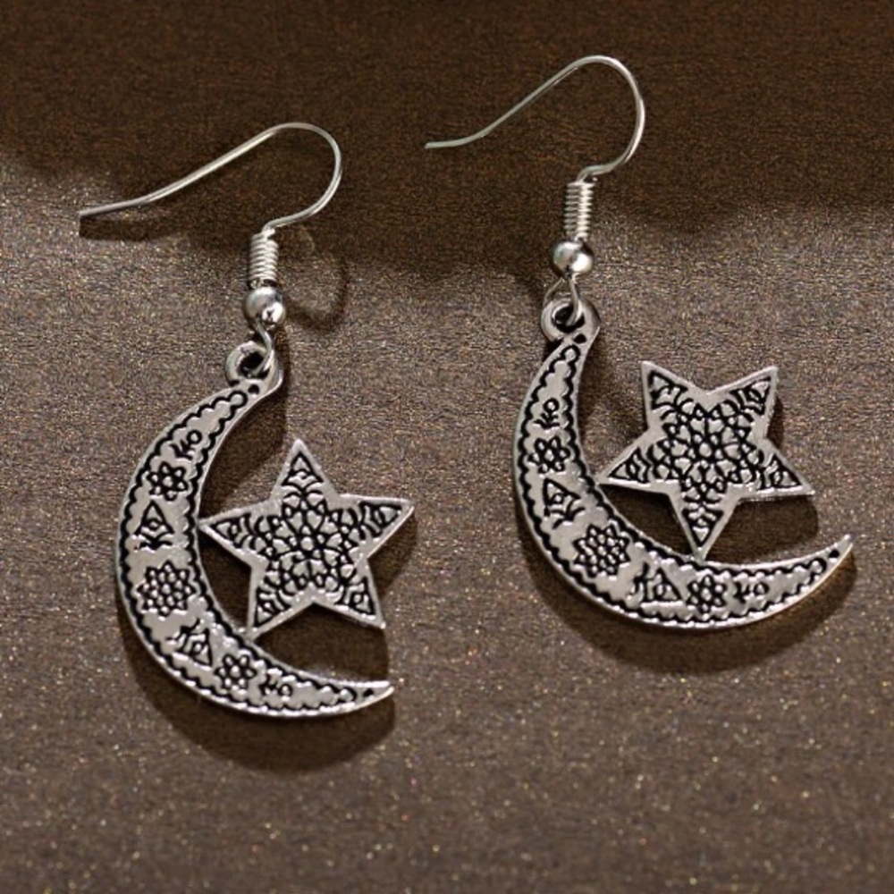 Boho Star & Moon Earrings Antiqued Silvertone - Picture 2 of 6